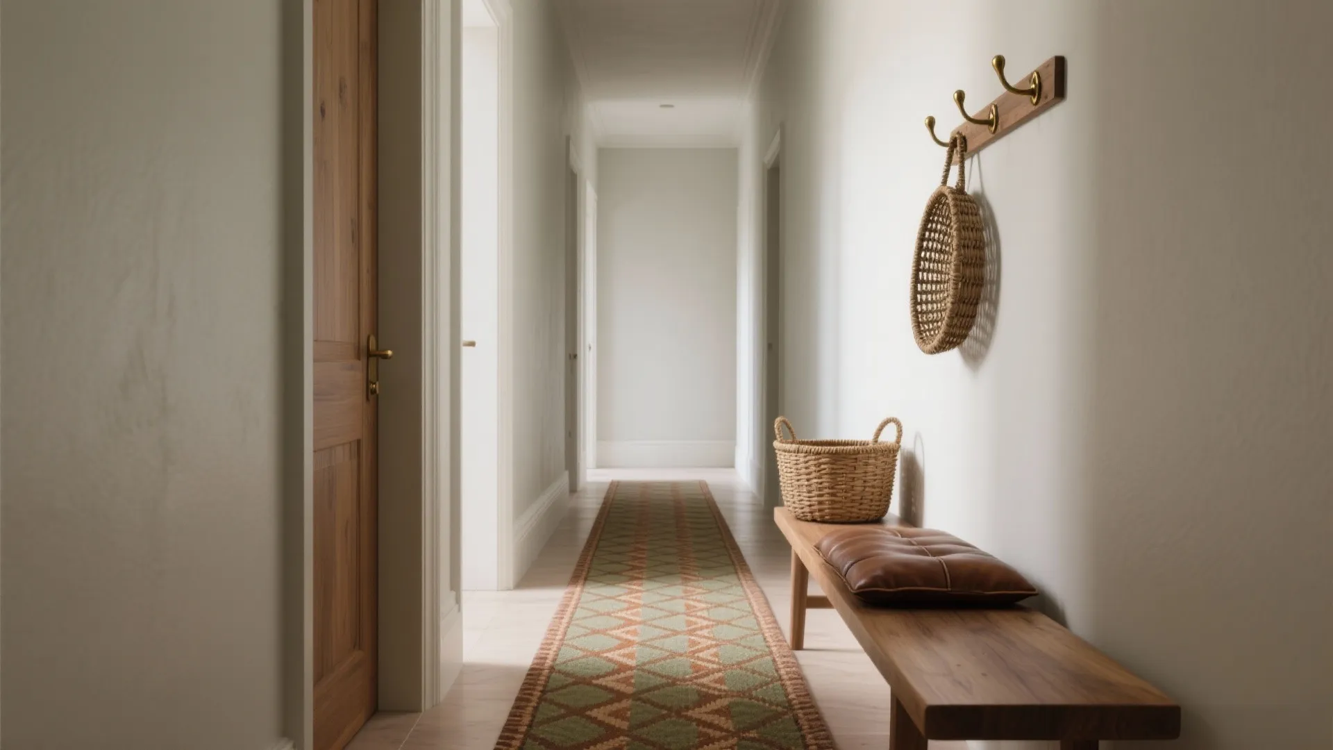 Soft greige hallway with oak and rattan, brass hooks, and a low-contrast patterned runner under gentle daylight.