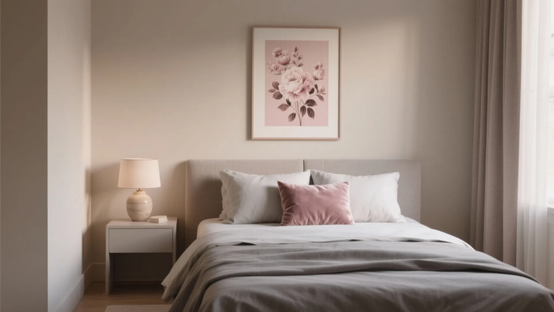 Cozy bedroom with grey bedding pink pillow small bedside lamp and floral framed wall picture