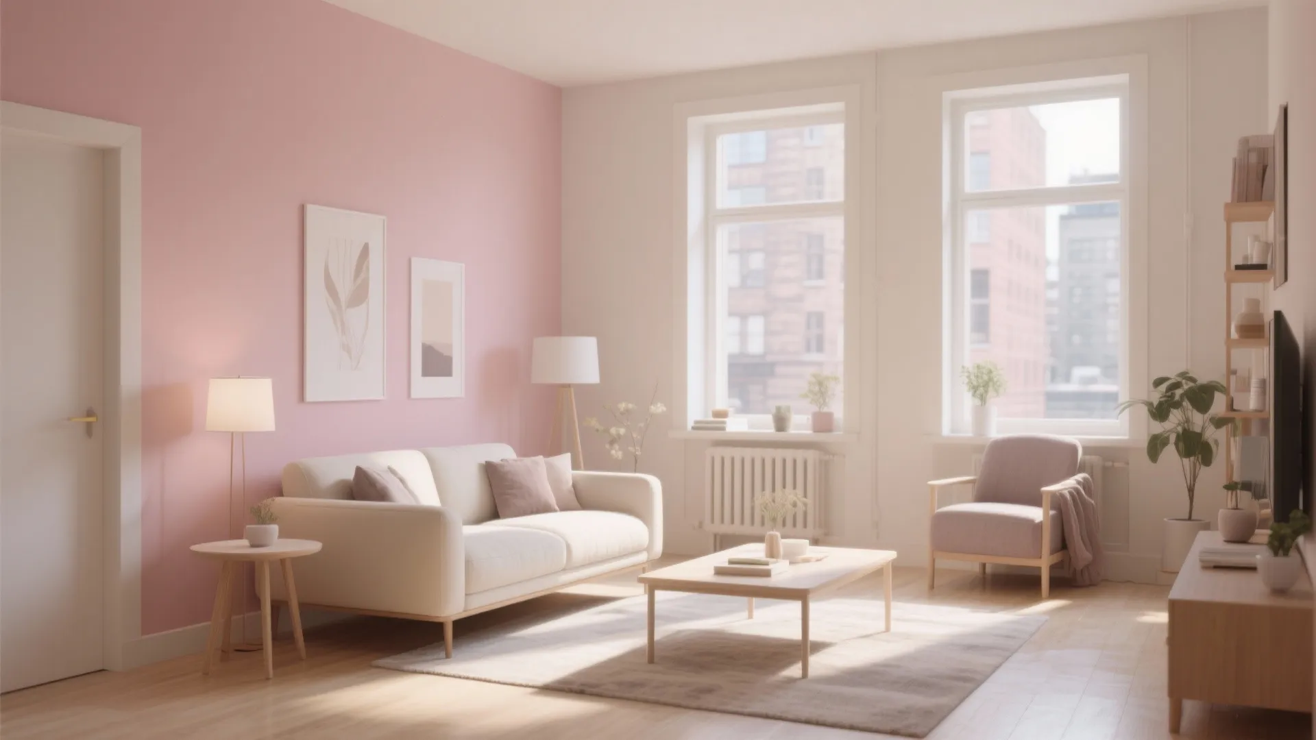 Bright living room featuring pink accent wall white sofa wooden coffee table armchair and large windows