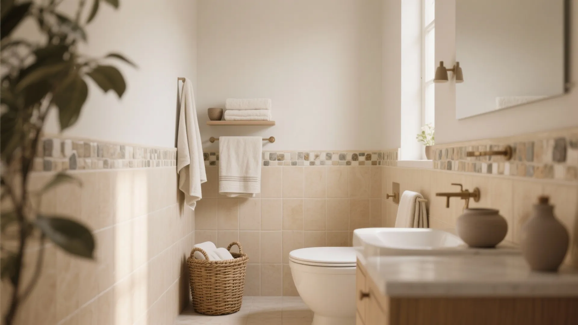 Warm beige bathroom interior design with stone wall tiles woven basket sink and gold fixtures