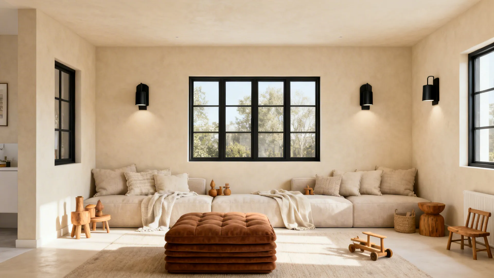 Bright living room with soft beige walls, black fixtures and brown accessories.