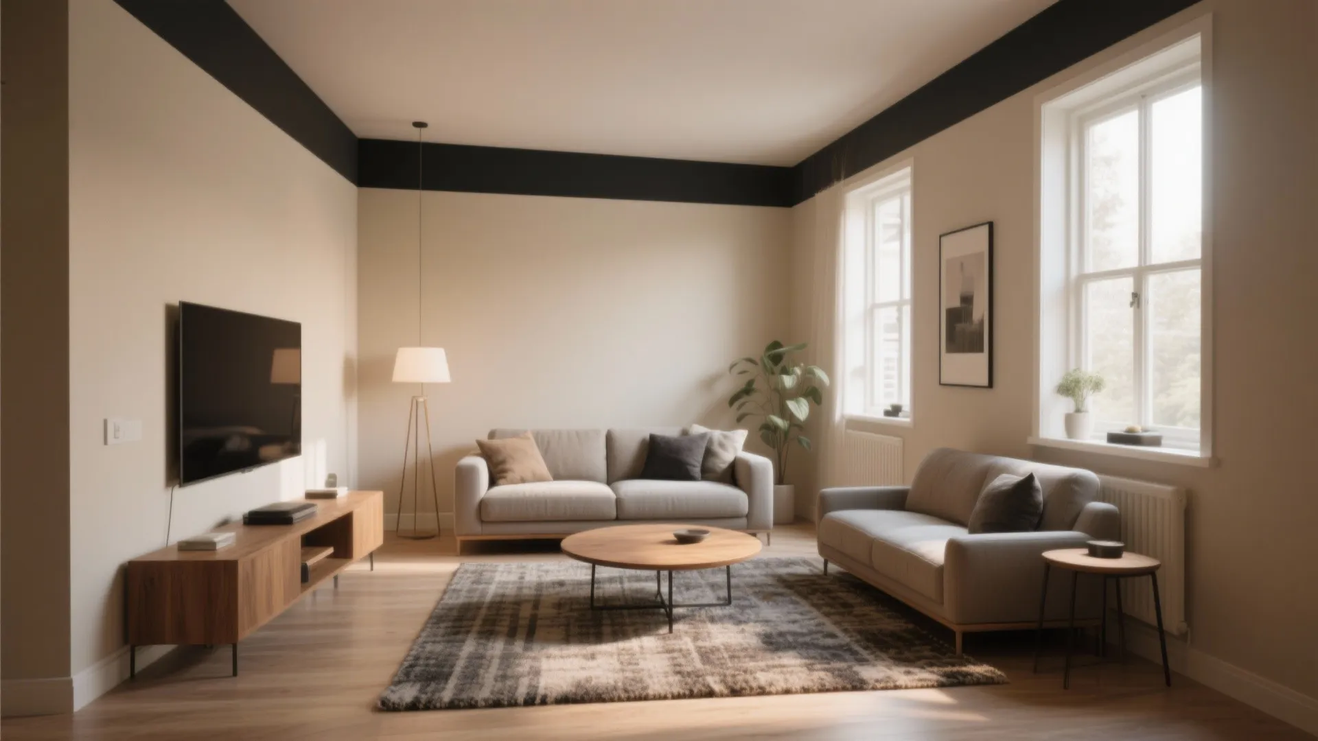 Small drawing room with warm beige walls and charcoal borders