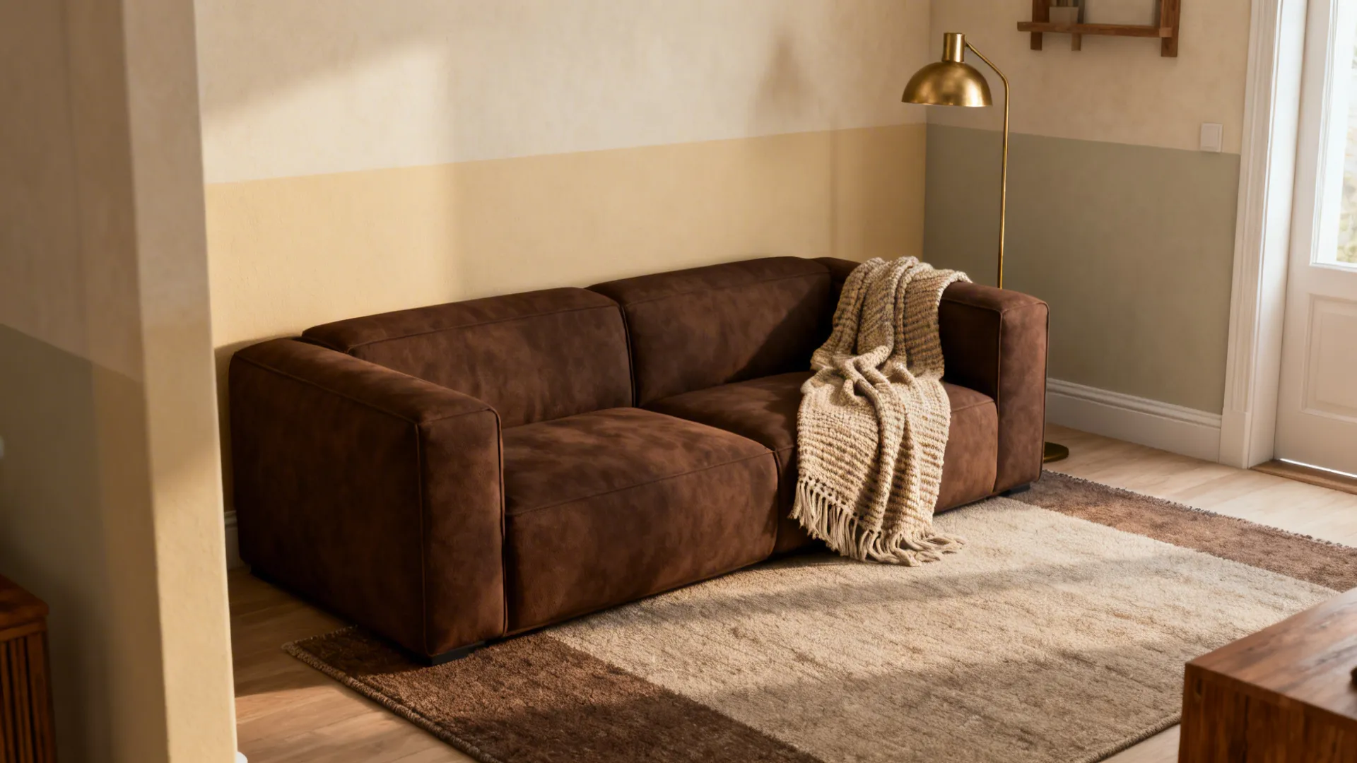 Small living room with a brown sofa, warm cream walls, woven throws and brass lamp
