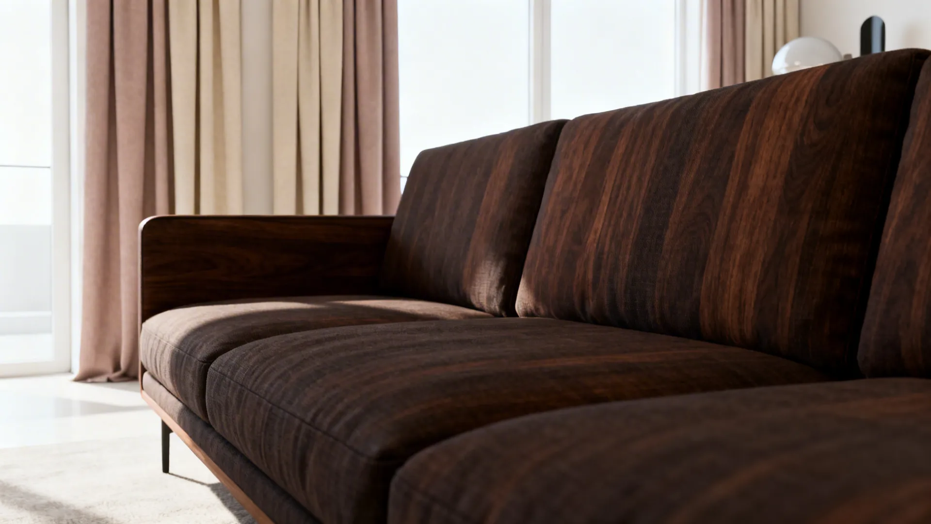 Dark walnut sofa with light beige and taupe curtains softening the room