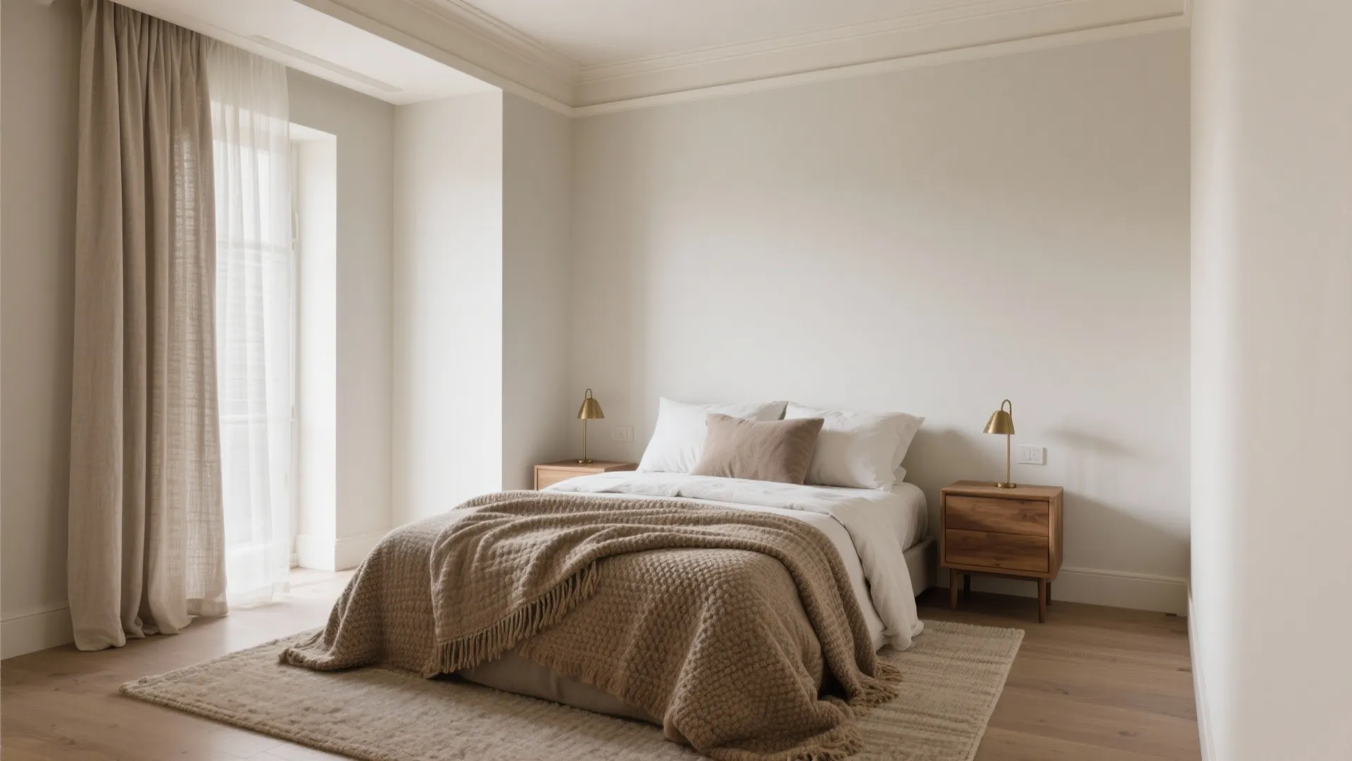 Neutral bedroom interior design with white walls beige bedding wooden bedside tables and soft natural light