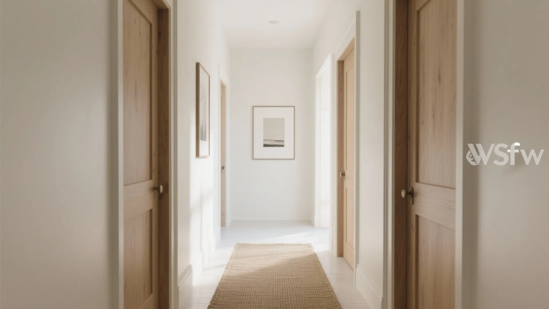 Minimalist white hallway with wooden doors brown floor rug and simple framed art on walls
