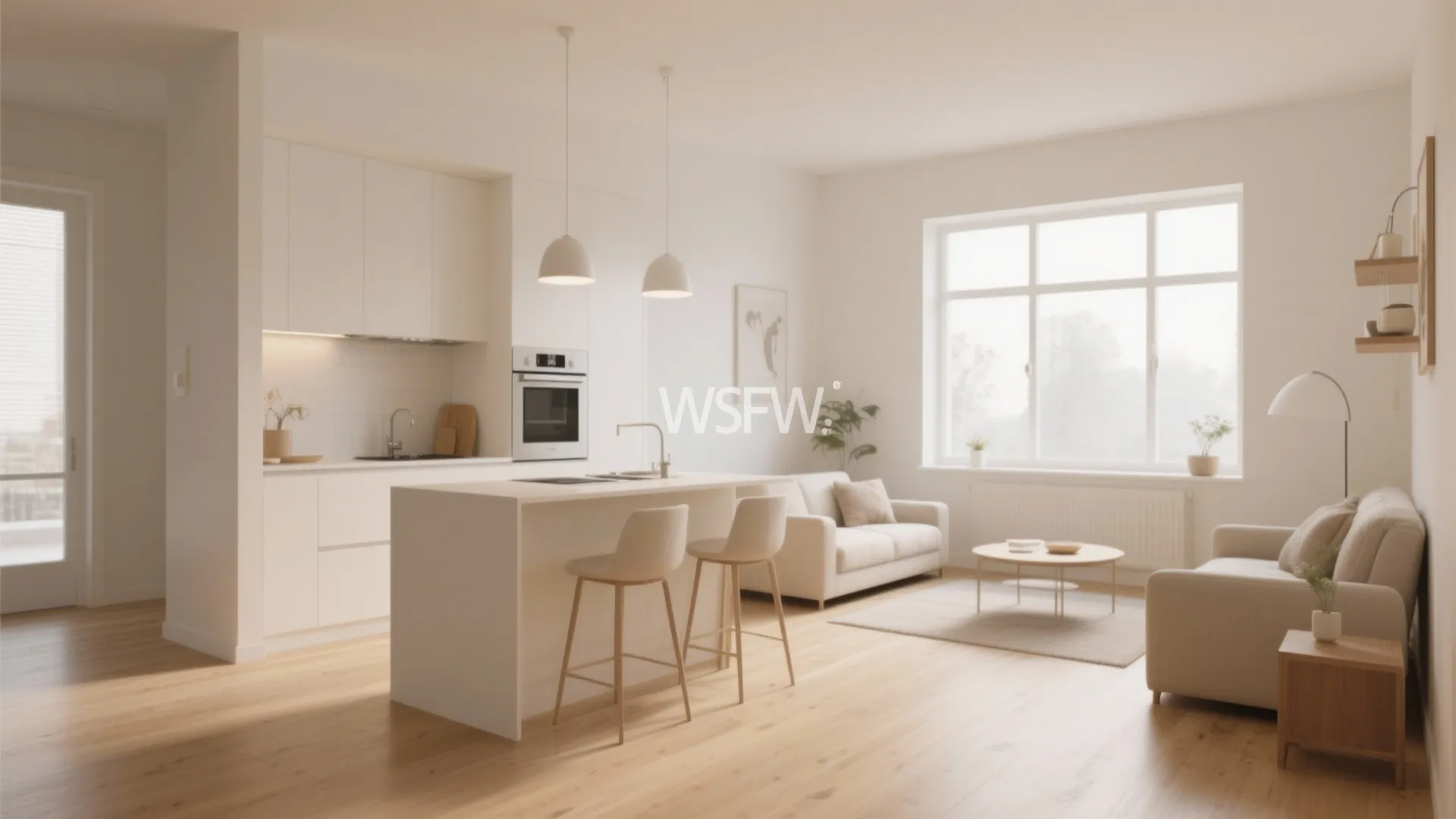 Open-plan space with soft beige and warm white for a seamless look