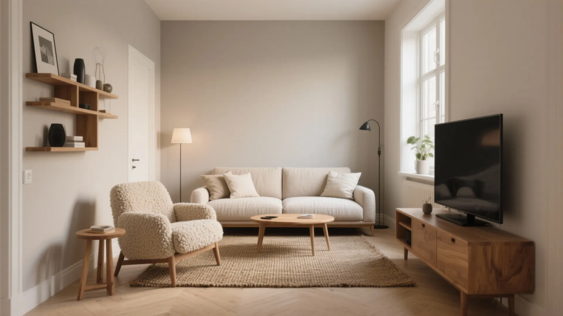 Minimalist living room with beige sofa fluffy armchair wooden table television and wall mounted shelves