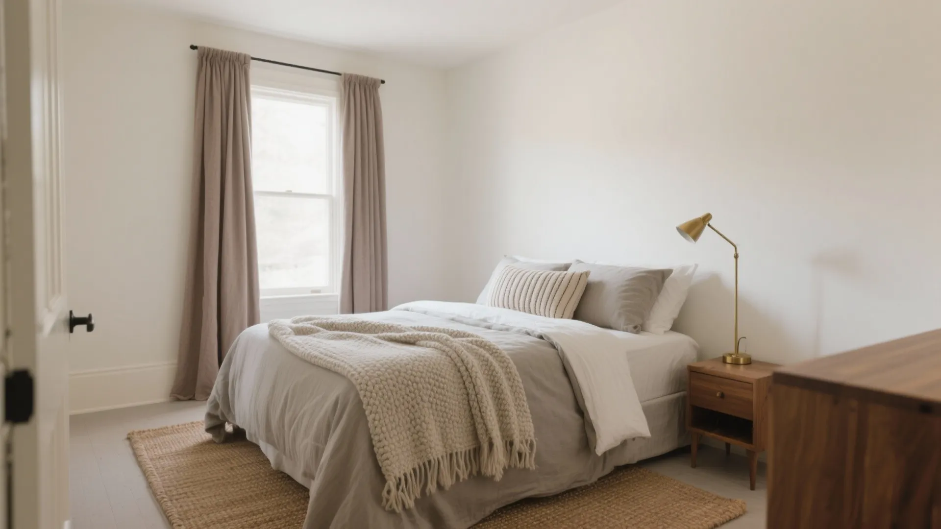 Simple bedroom with white walls, grey bedding, brown curtain, bedside table, and golden table light