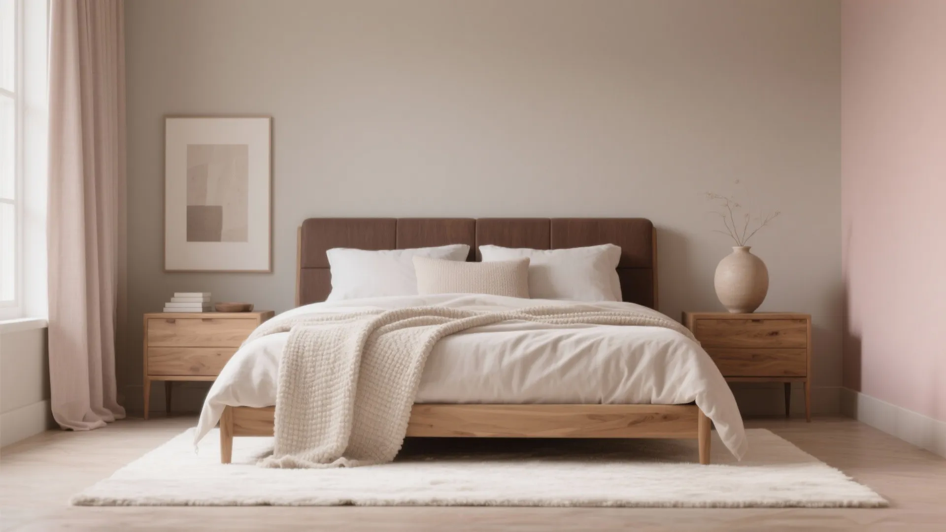 Neutral modern bedroom with wooden bed frame white bedding beige walls and light wood furniture