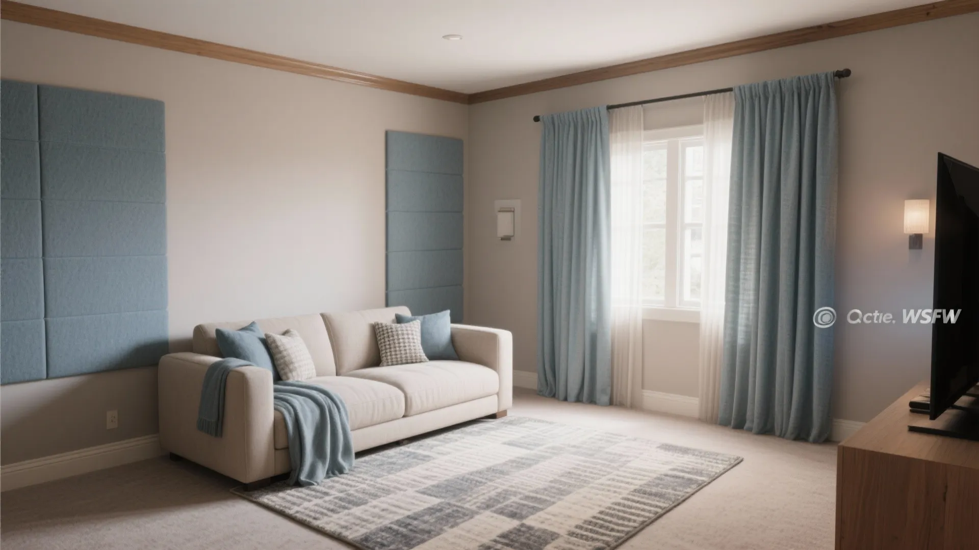 Small media room in soft warm greige and muted blue accents with curtains, rug and upholstered seating for acoustic control.