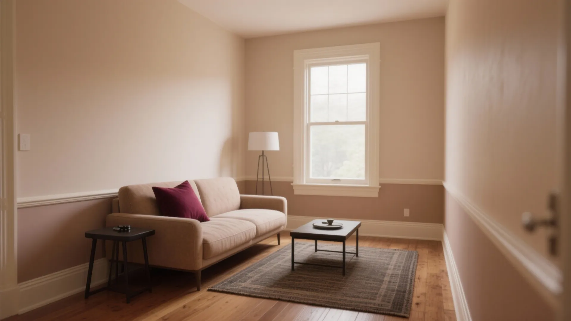 Minimalist living room featuring beige sofa with purple pillow small side table and wooden floor