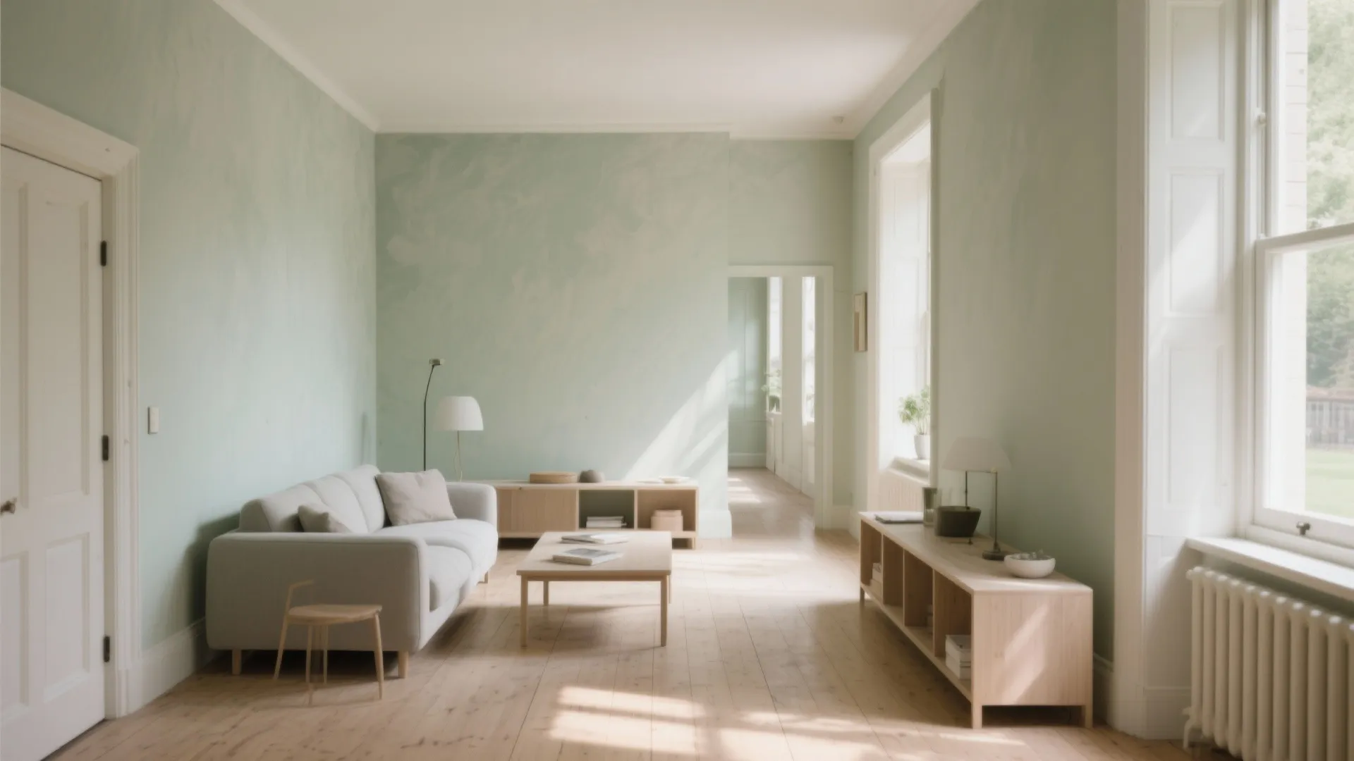 Narrow living room with warm muted limewash on three walls and a deeper accent short wall, natural wood accents.