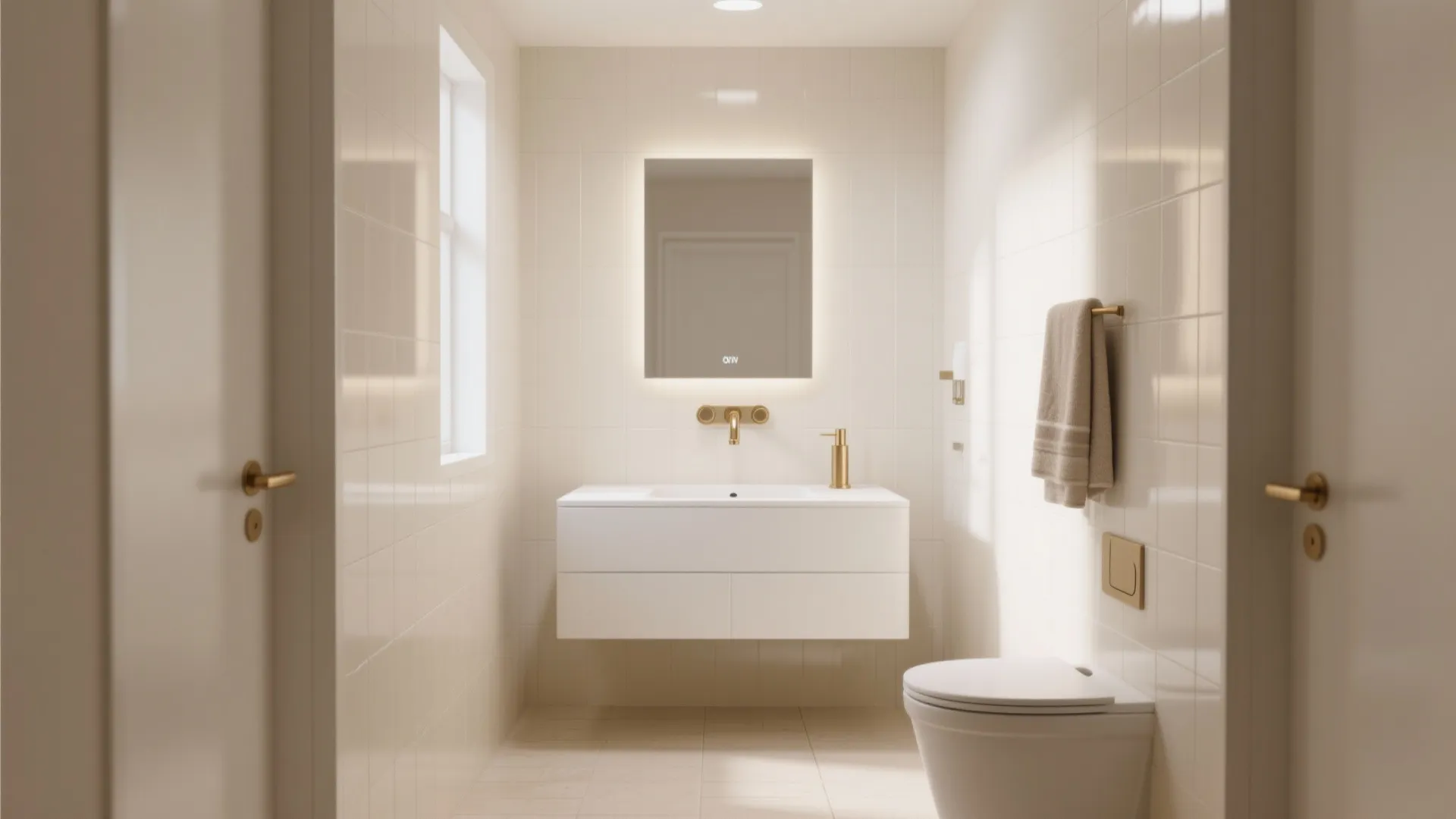 Modern white bathroom with floating cabinet gold faucet lighted mirror toilet and cream wall tiles