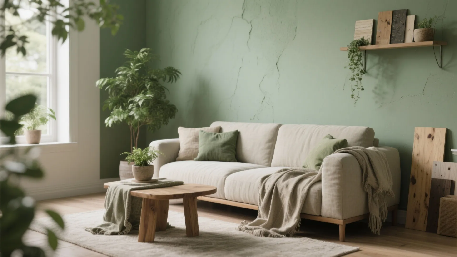 Living room corner with muted sage walls, linen sofa, timber table and potted plants showing olive green as a neutral.