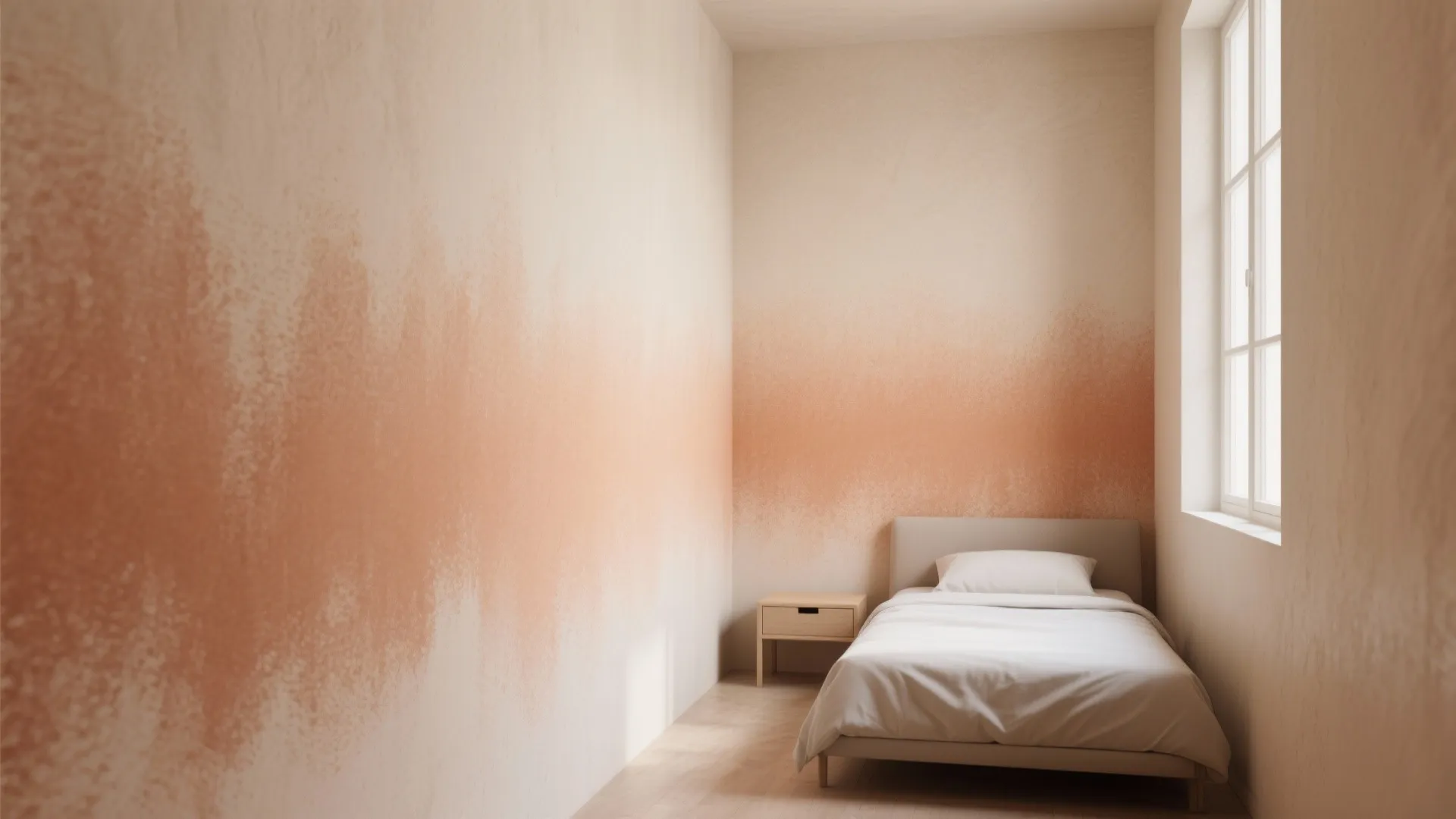 Small bedroom with white bed and bedside table featuring orange ombre paint design on walls