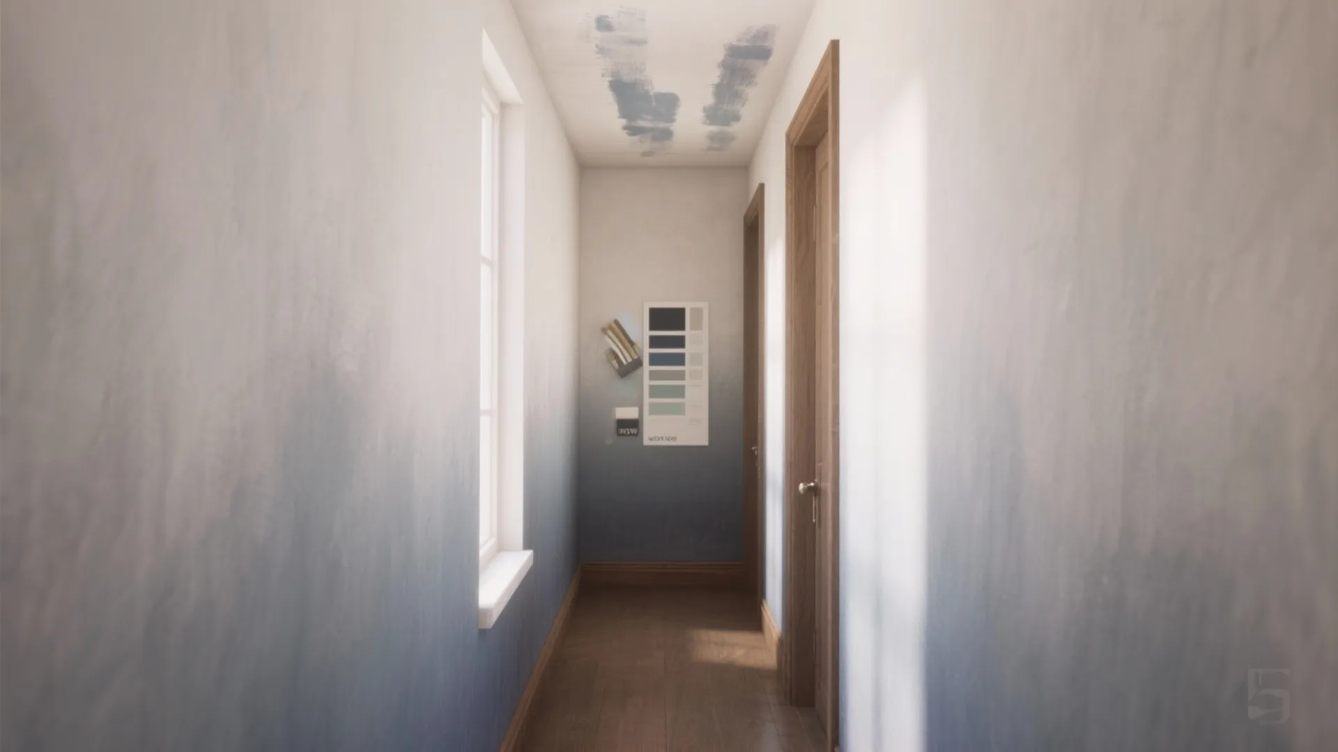 Narrow hallway with blue ombre walls wooden floor white window and color palette on wall