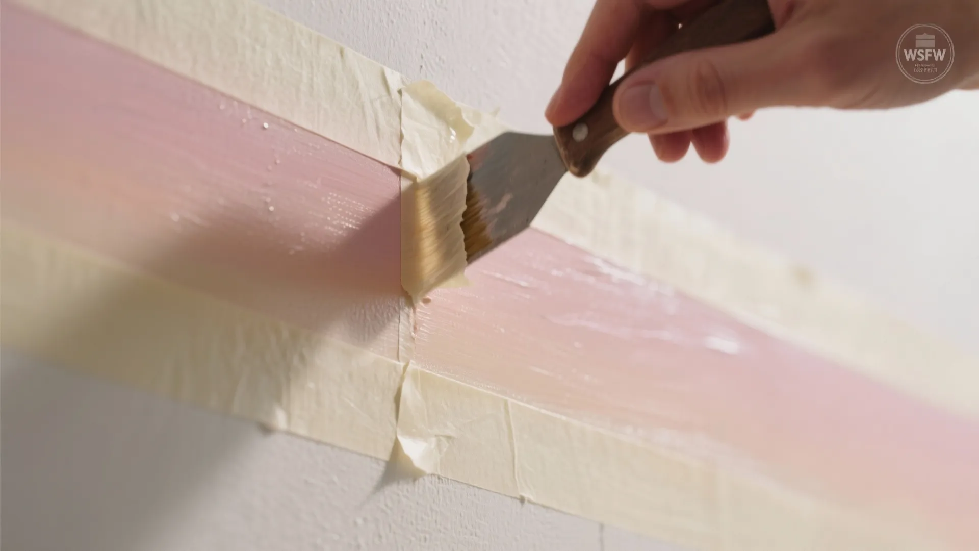 Hand using a scraping tool to remove masking tape from a pink painted wall section