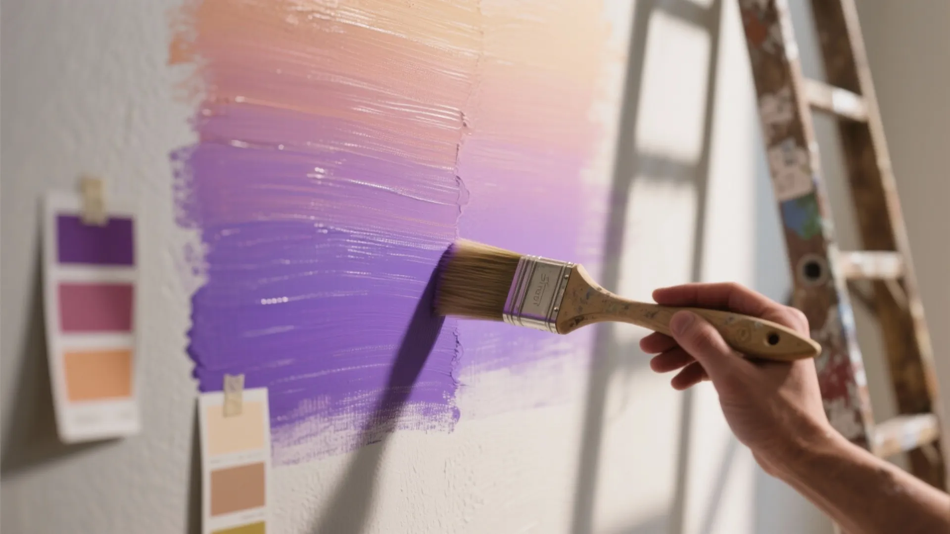 Hand painting a wall with purple and pink paint next to a ladder and color swatches