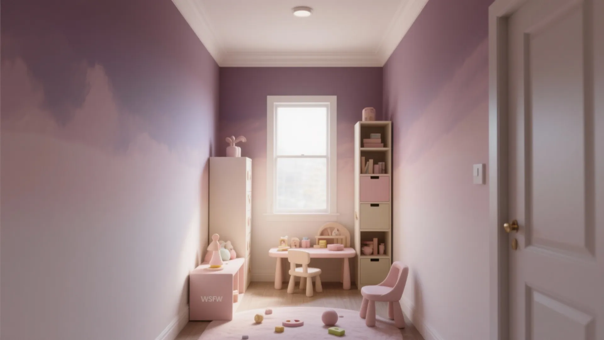 Narrow kids room with purple ombre gradient wall paint pink desk chair and tall bookshelf