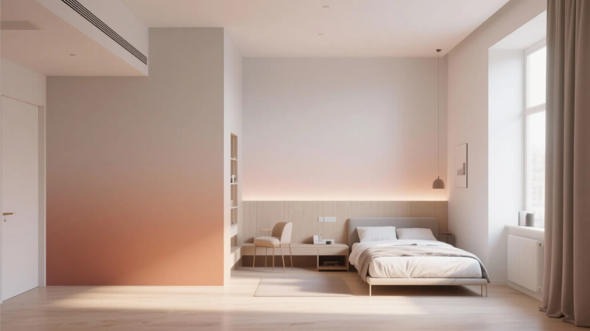 Modern bedroom with orange ombre wall panel and minimalist furniture including bed and a chair