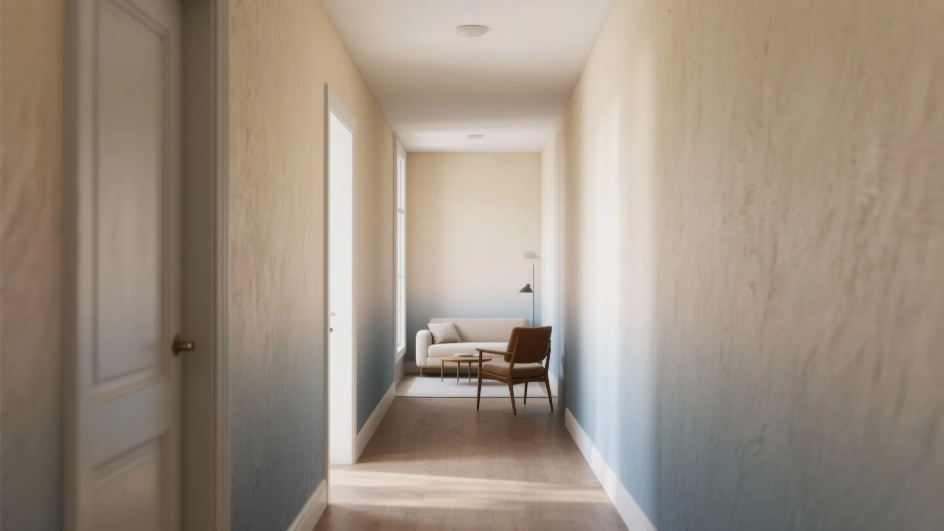 Narrow hallway with a soft ombre wall gradient that makes the ceiling feel taller.