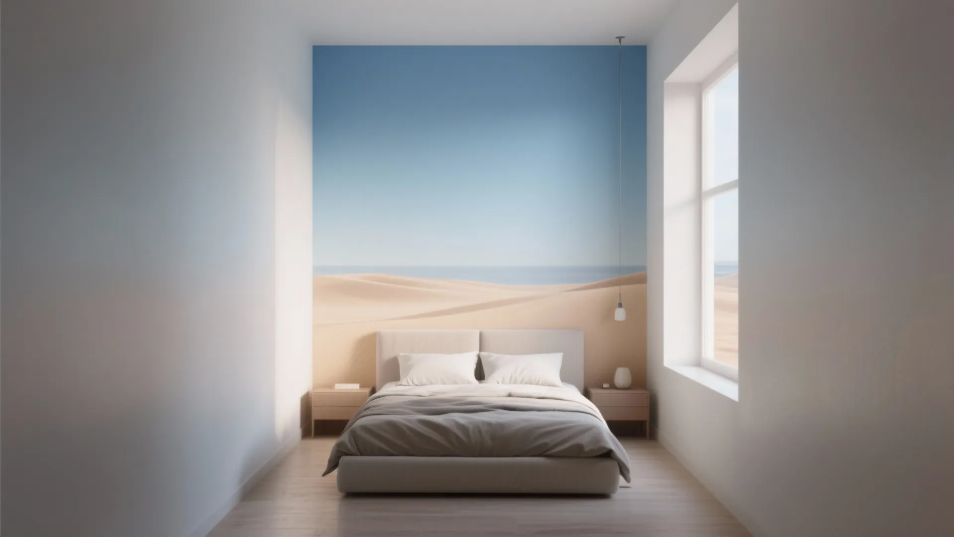 Minimalist bedroom with a desert mural wall, grey bed, small side tables and natural window light