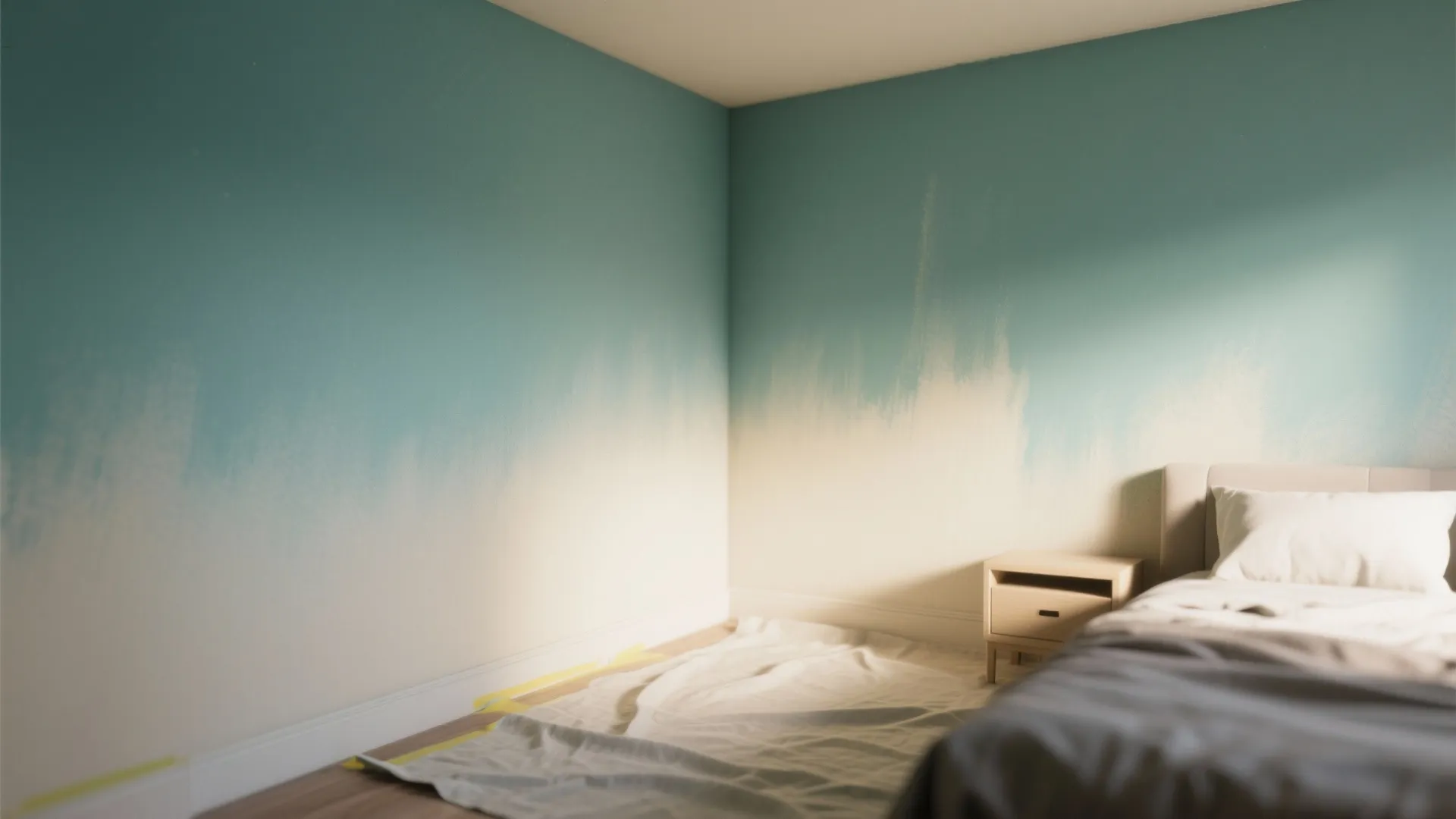 Bedroom interior featuring light blue ombre painted walls with small nightstand and bed beside window
