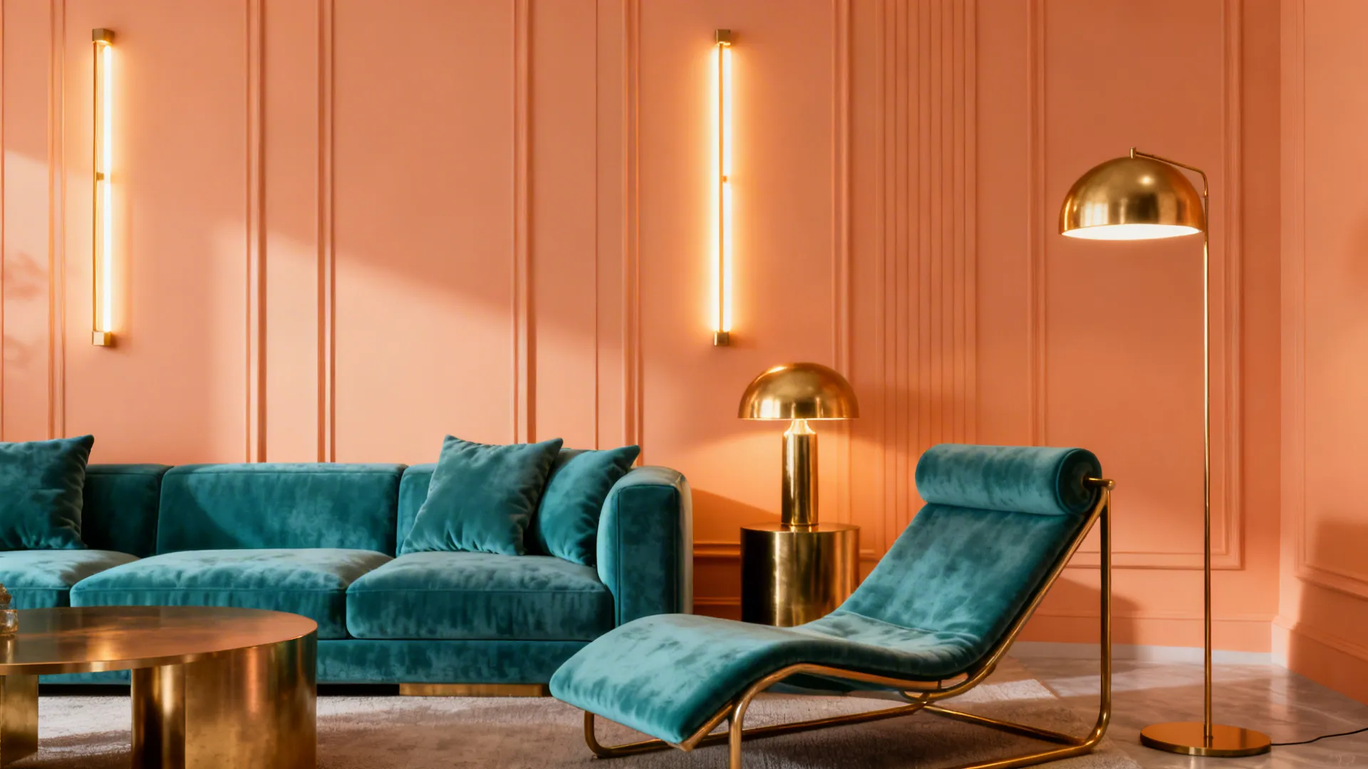 Room with soft peach-orange walls, teal furniture, and brass metallic accents.