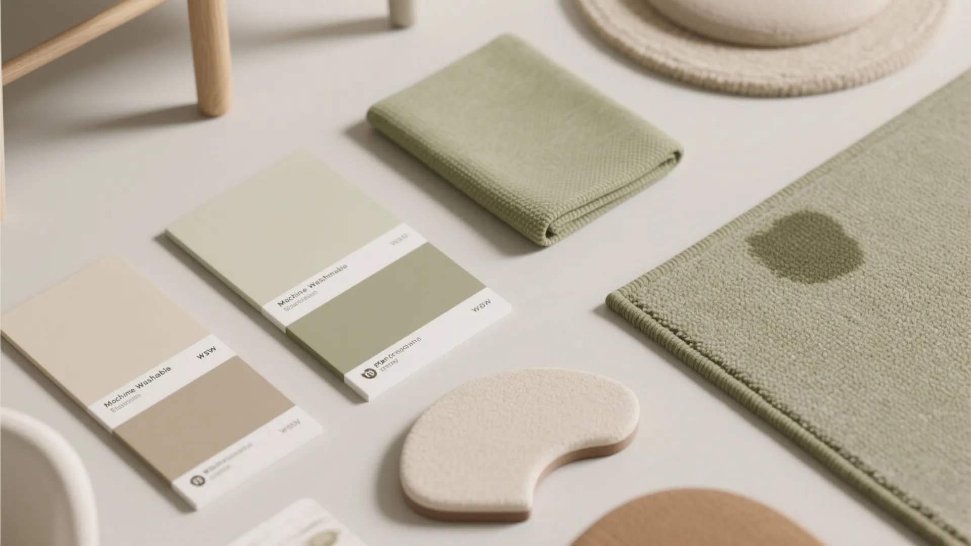 Soft green and beige color material samples fabric swatches and rug for interior design mood board