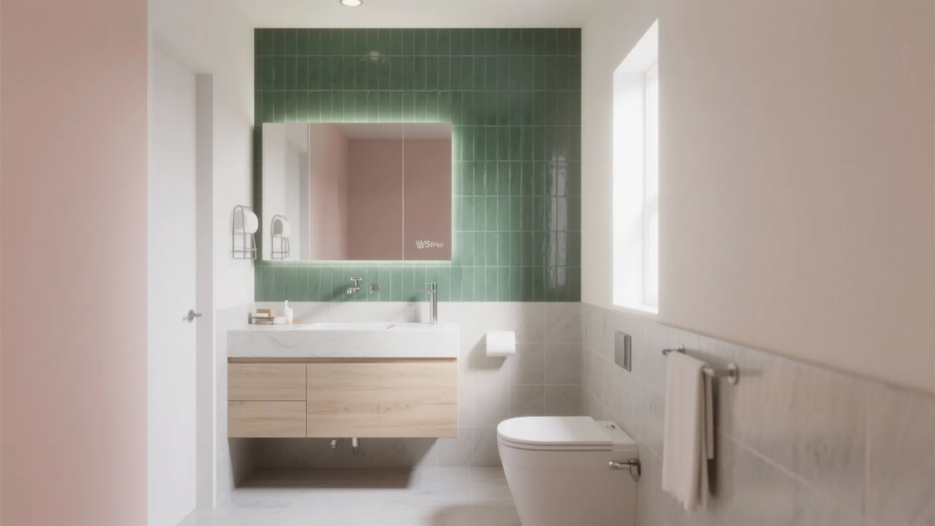 Modern bathroom with green wall tiles wooden cabinet white sink toilet and round wall light