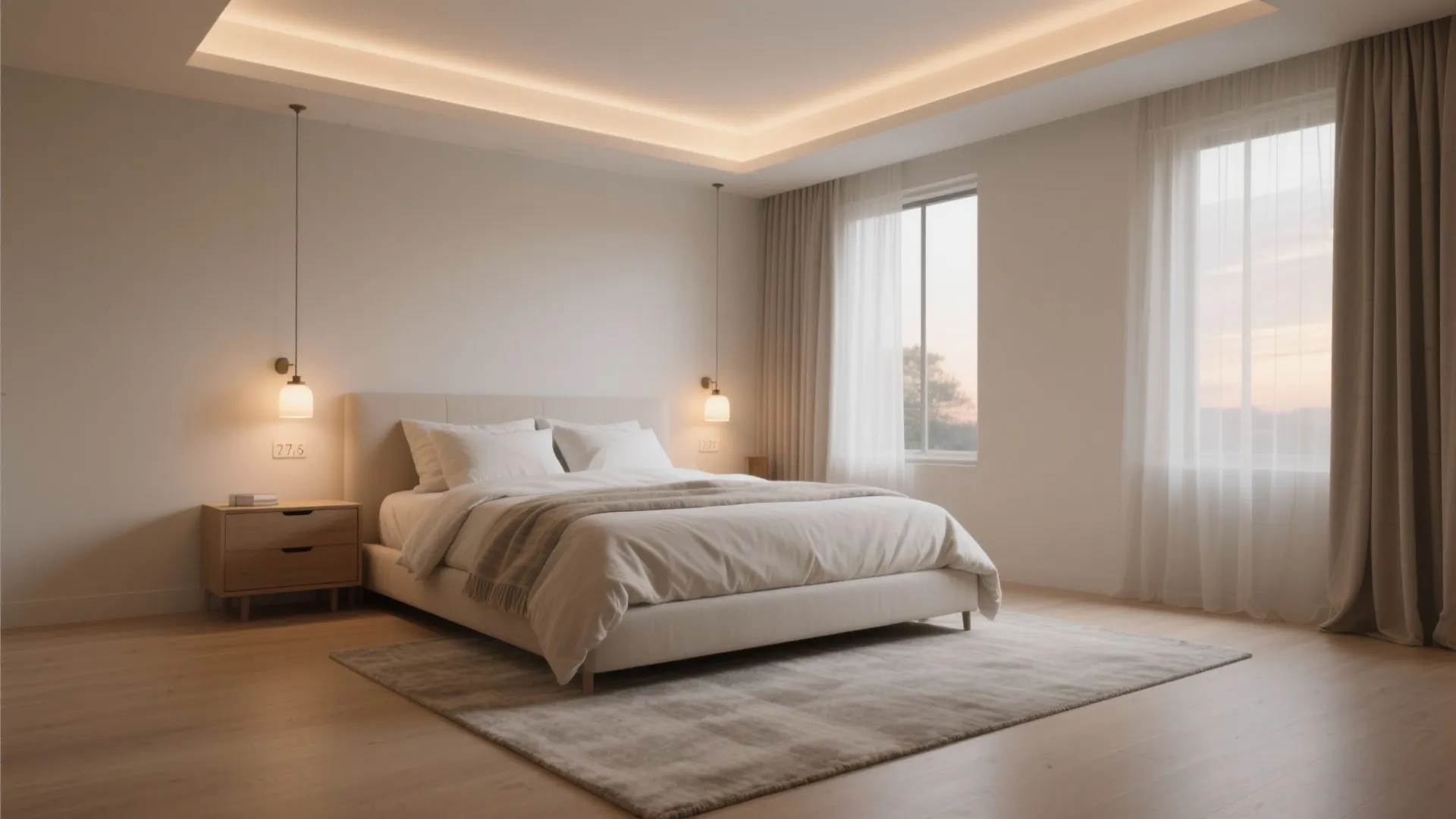 Soft palette and layered lighting for calm spaciousness