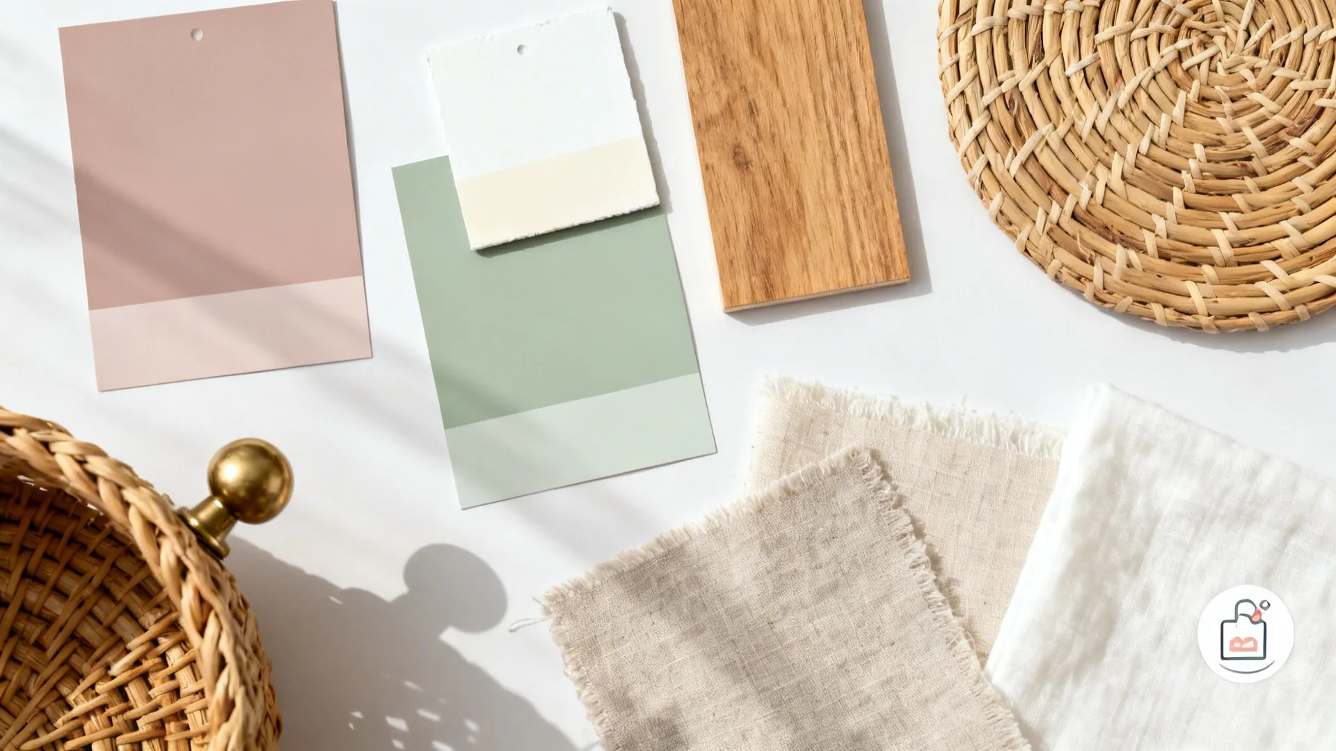 Flat lay of dusty blush and sage swatches with oak, rattan, and linen for a calm toddler room palette.