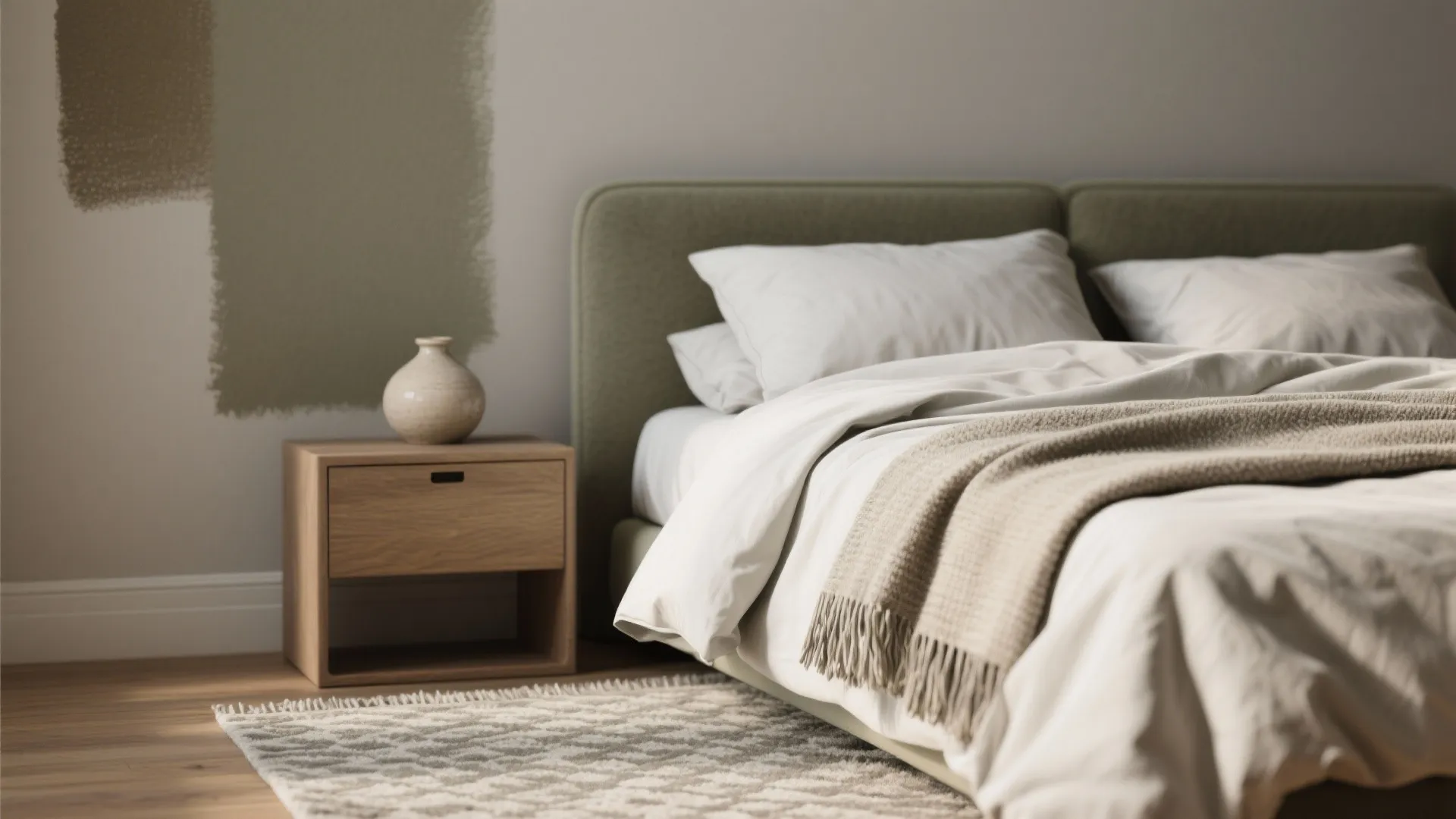 Close up of bedroom showing green headboard, wooden nightstand, white bedding, and patterned floor rug
