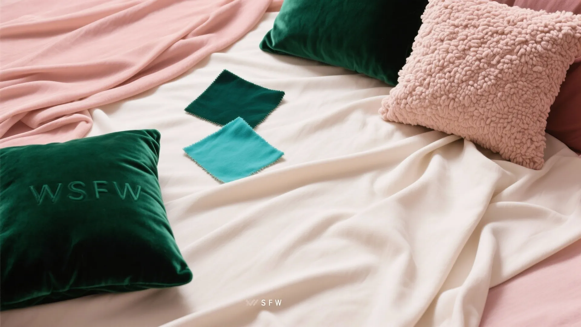 Close up view of green and pink pillows with fabric swatches on white rumpled bedding sheets