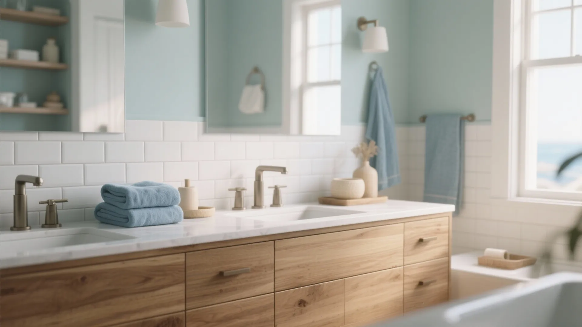 1. Soft coastal palette with warm woods