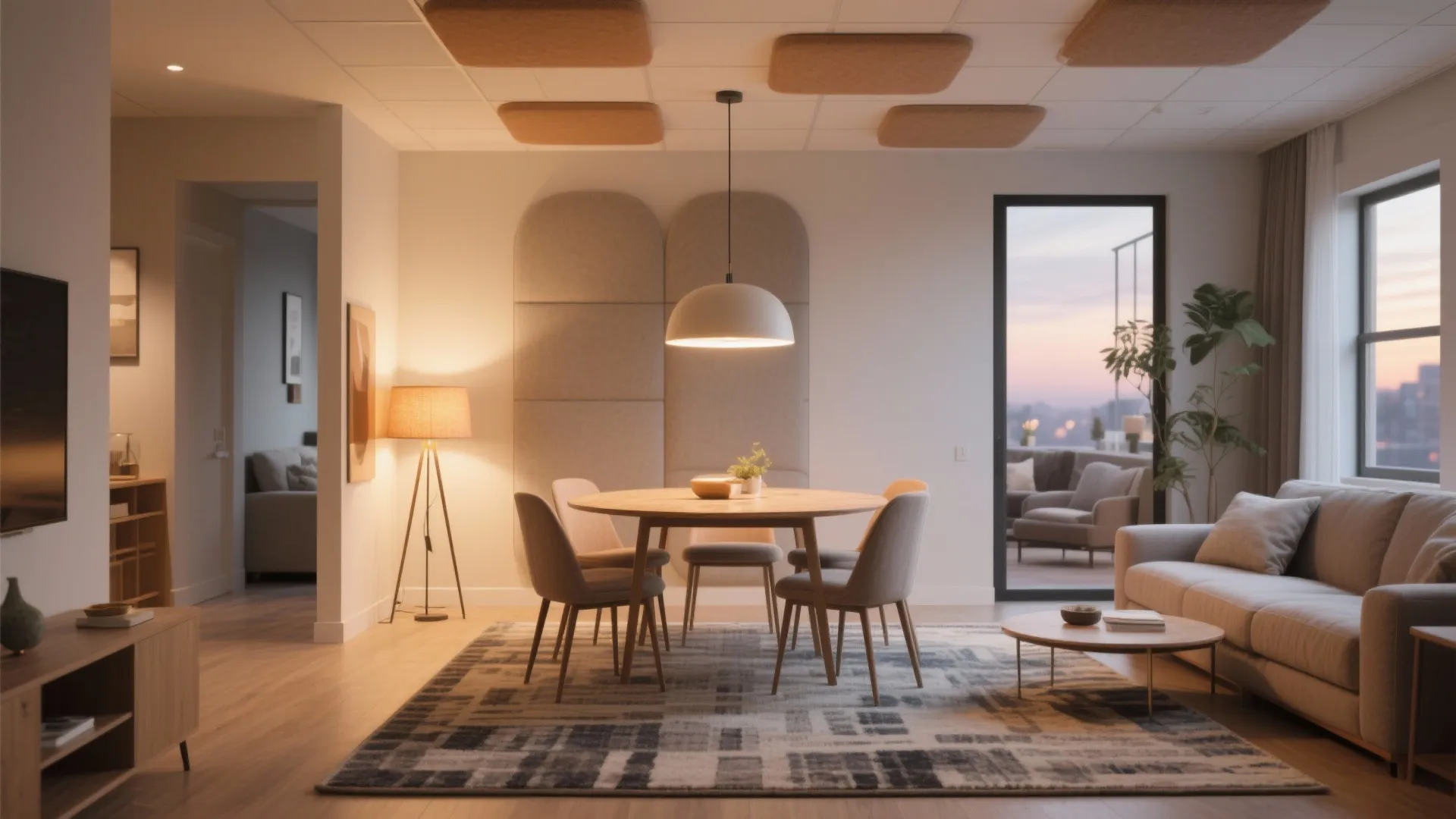 Rug and lighting zoning as “soft partitions”