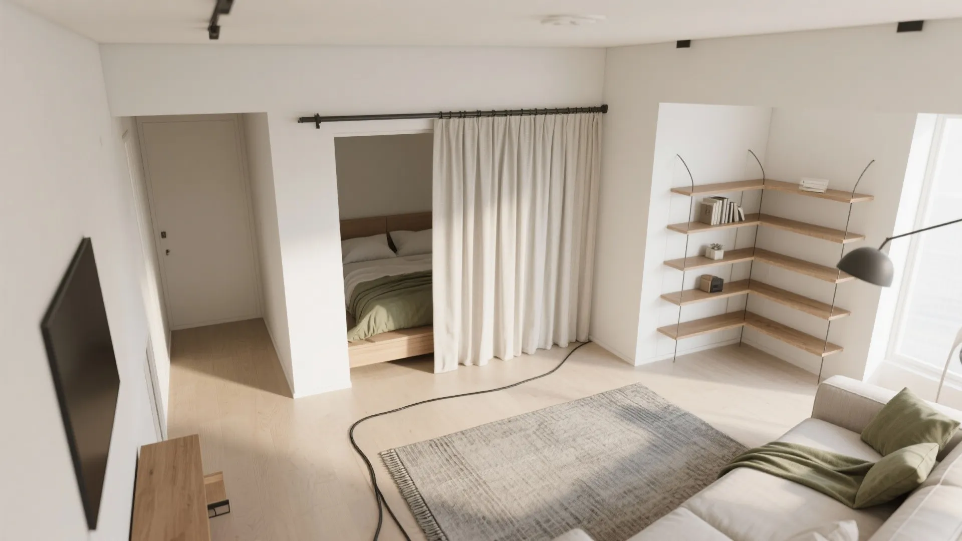 Multifunctional zones with sliding or soft partitions