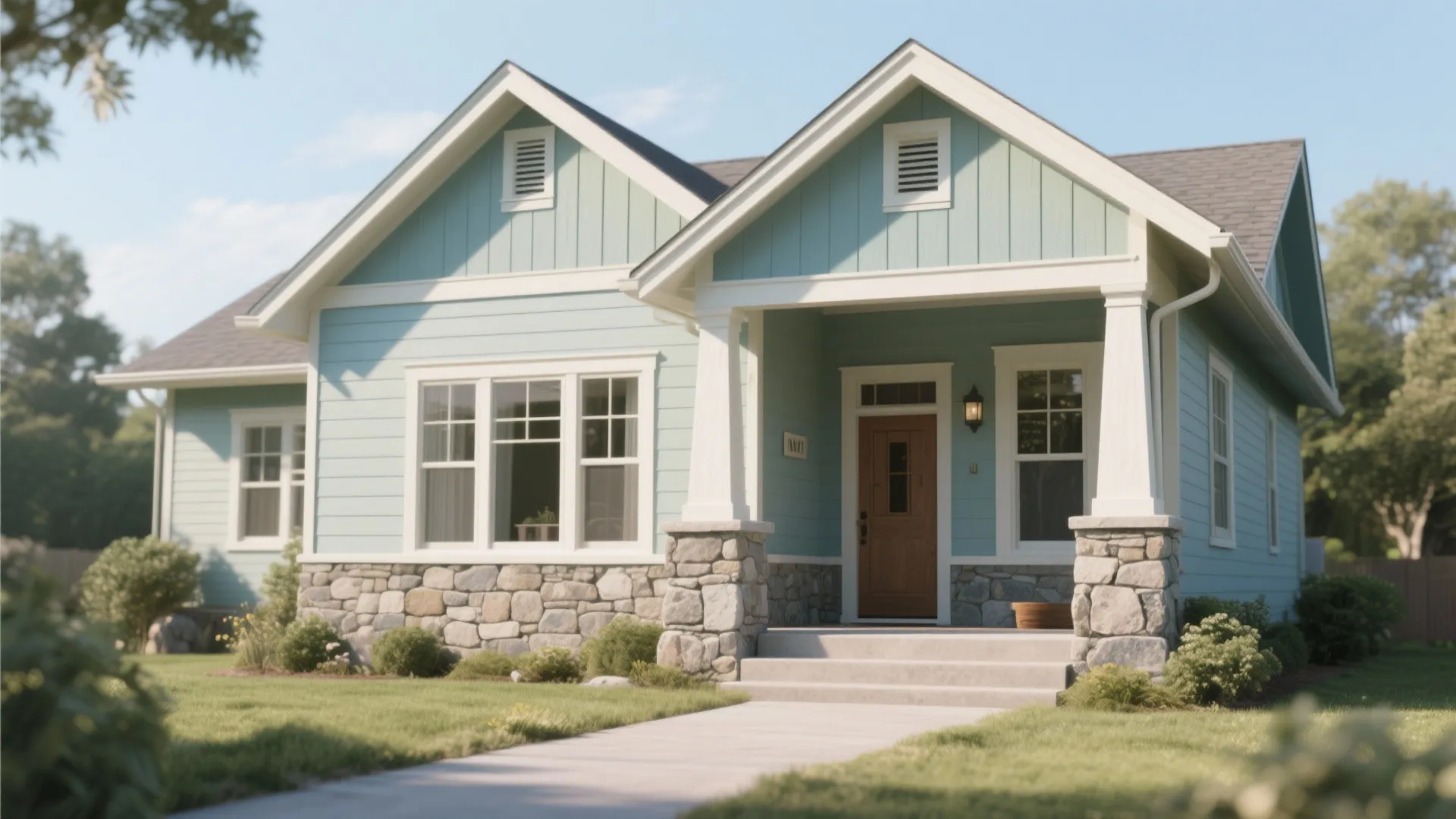 Light blue suburban house with white windows stone base front porch and wooden entry door