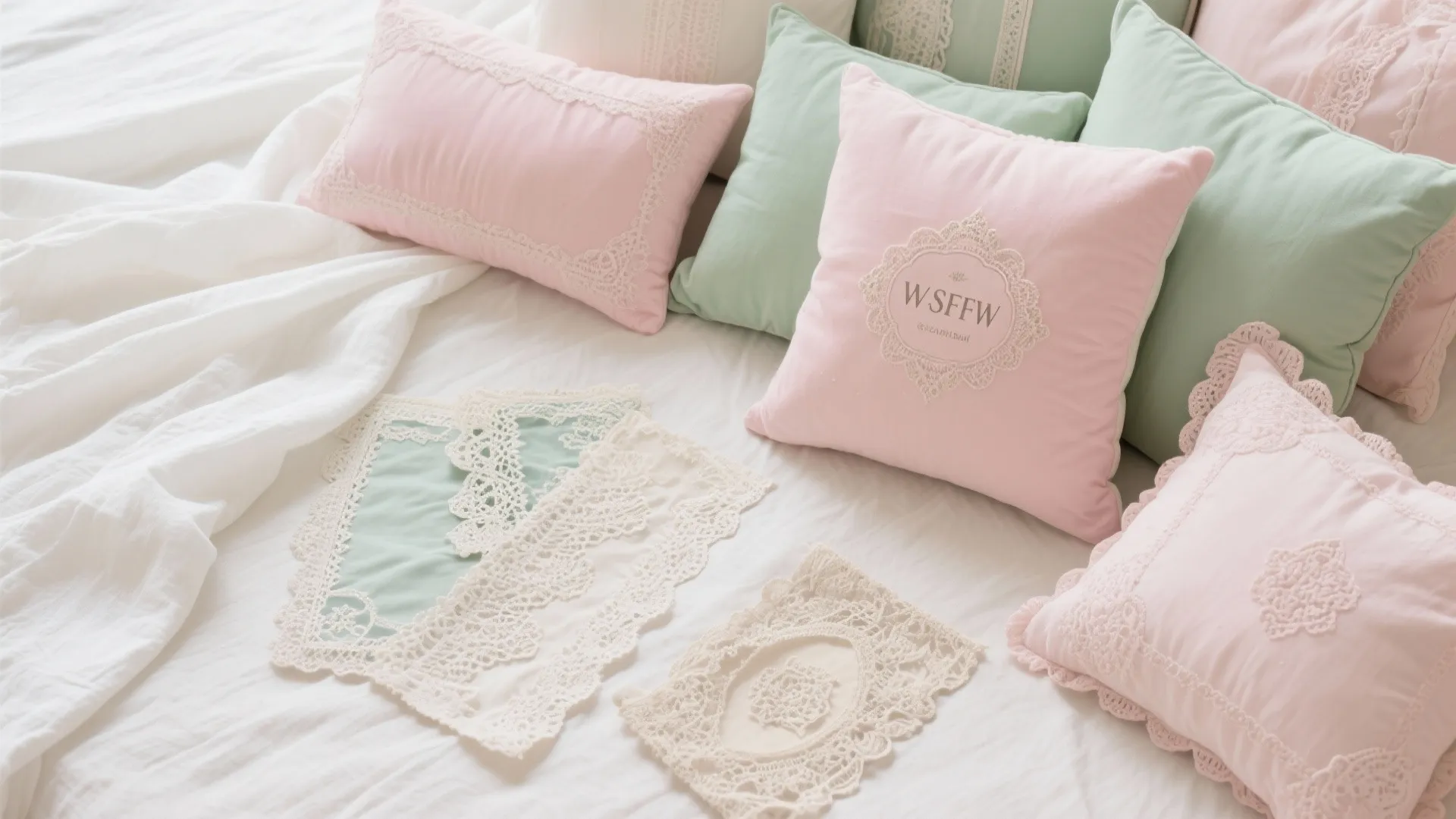 Flatlay of pastel pillows, lace, and linen fabric in shabby chic colors