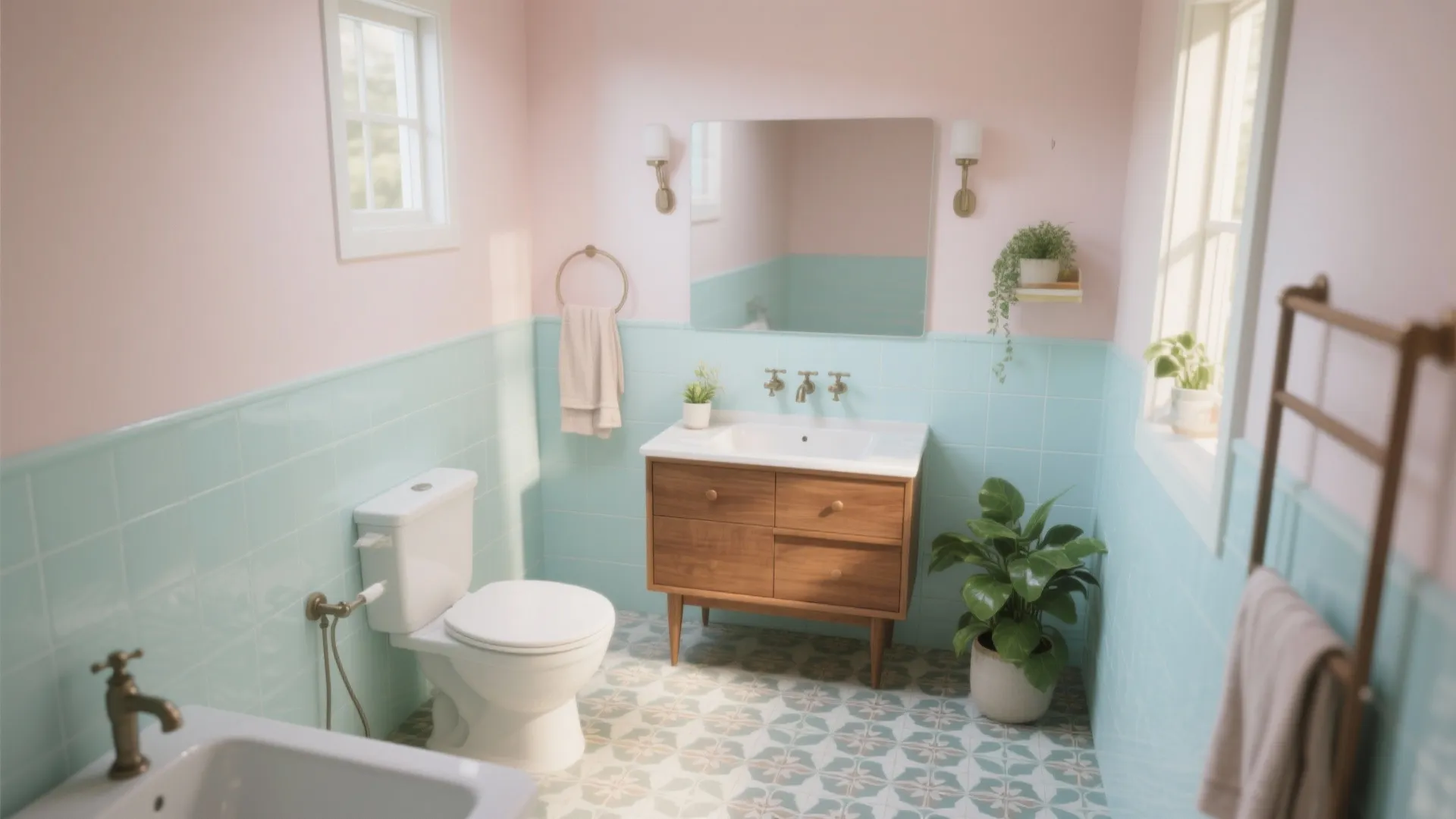 Vintage bathroom design with pastel pink walls light blue tiles wooden cabinet and white toilet