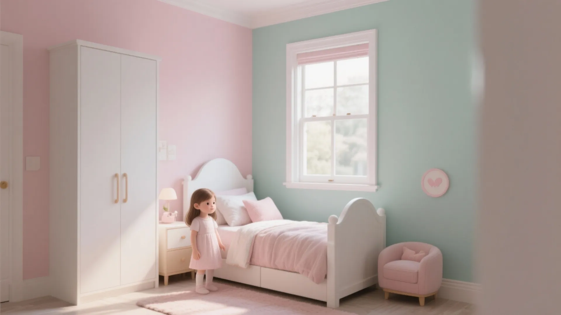 Soft pastel girl's bedroom with pink and light green walls, white bed, and white wardrobe