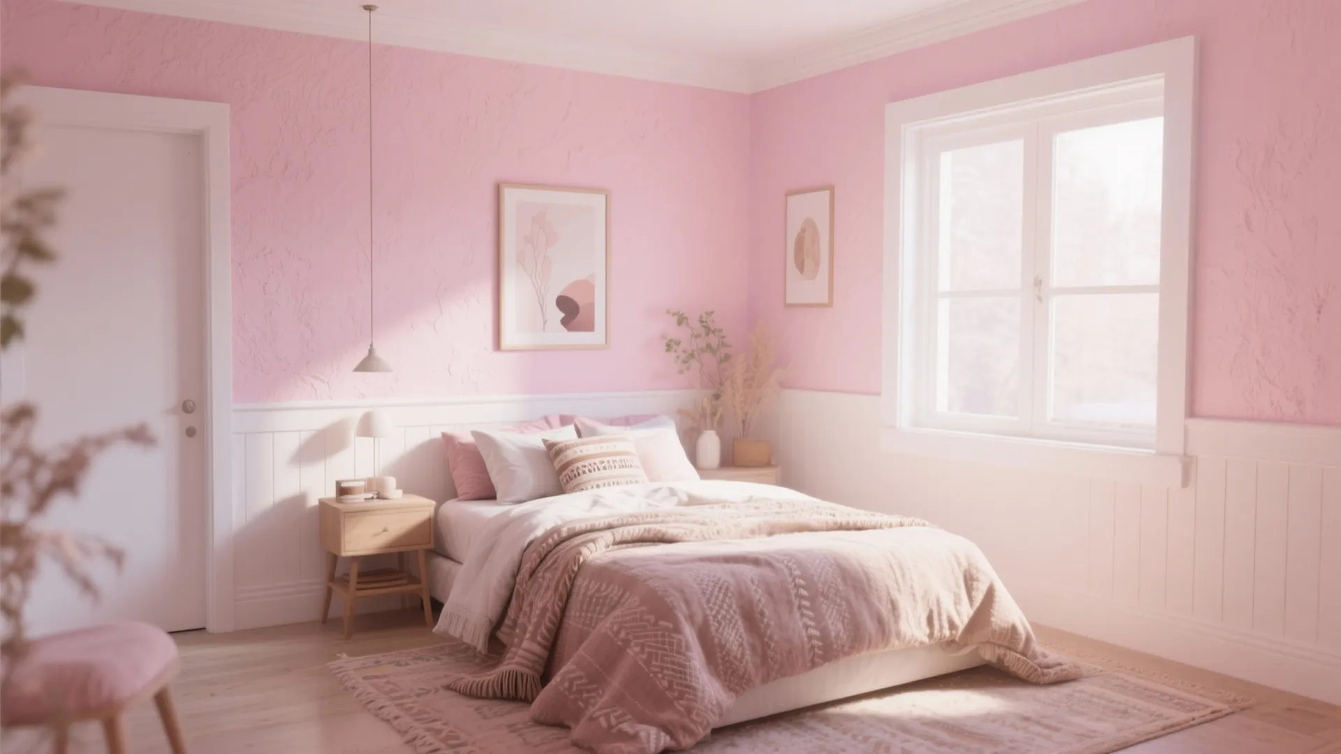 Pink bedroom with textured walls, white wall panel, wooden nightstand, large window, and cozy bed