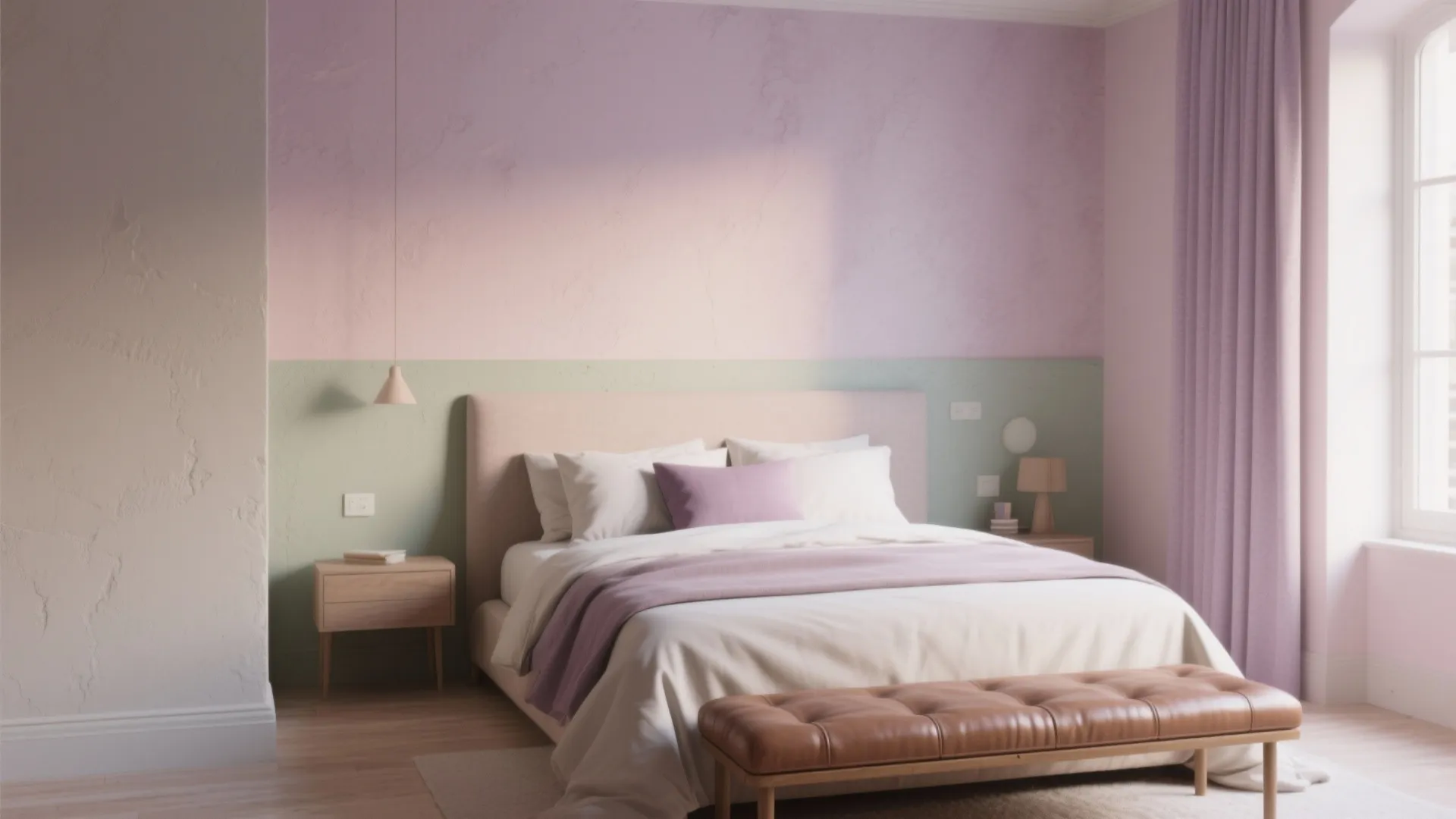 Pastel bedroom with pink and green walls leather footrest white bed and soft purple window curtains