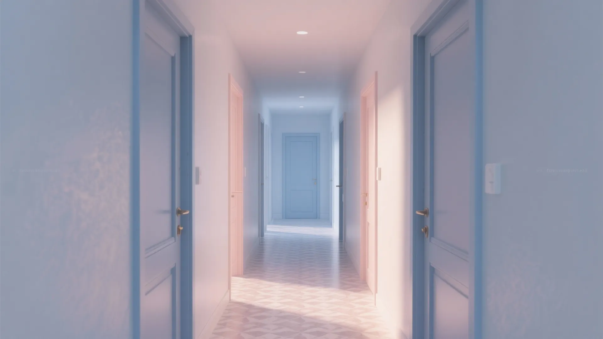 Long narrow hallway featuring soft blue and pink doors with ceiling lights and patterned floor