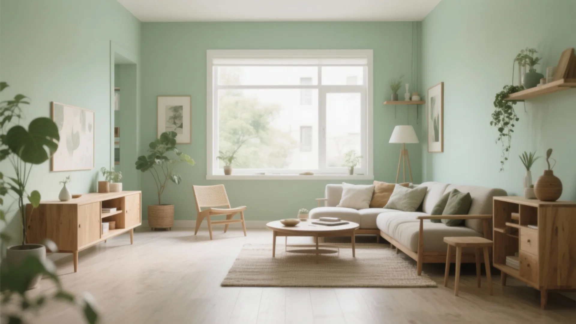 Living area with pastel green walls and wood accents