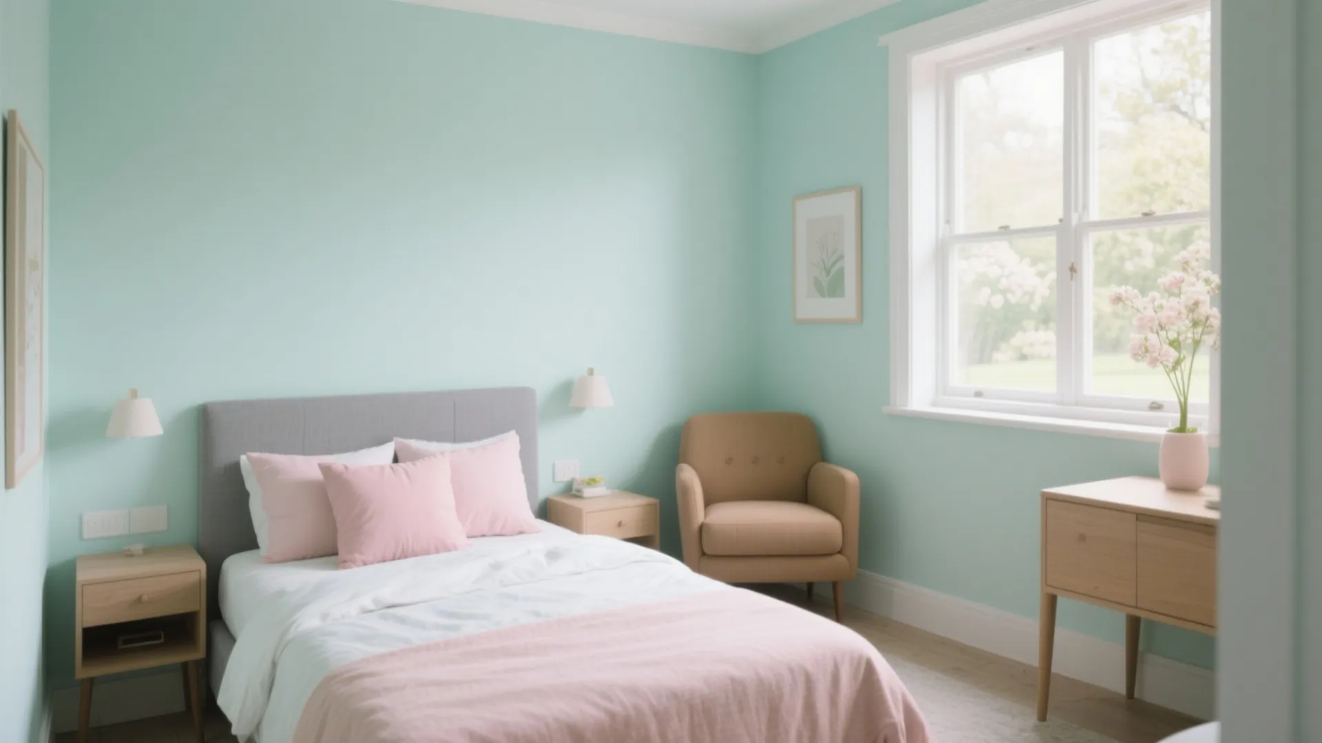 Light mint green bedroom with pink pillows grey headboard tan armchair wooden desk and white window