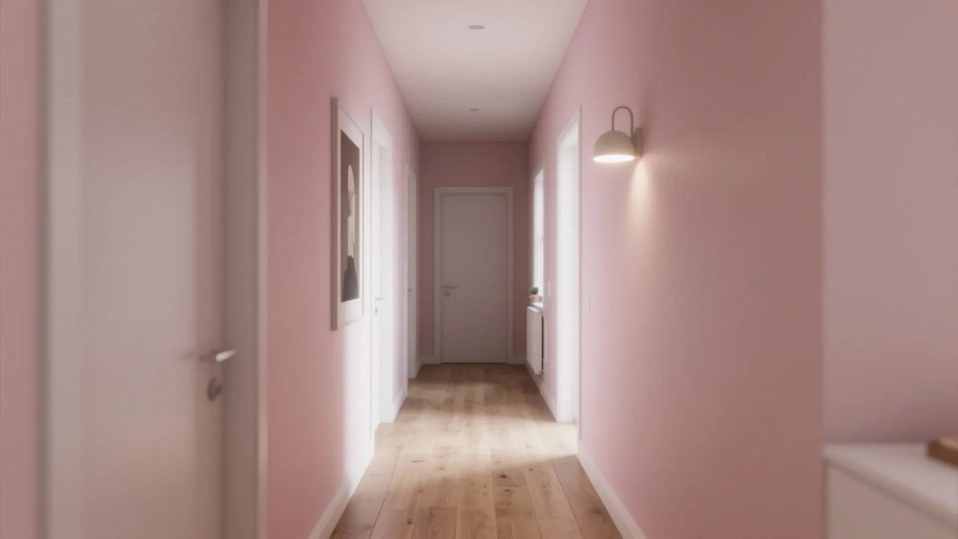 Minimalist pink hallway featuring light wooden floors white doors and a simple round wall light