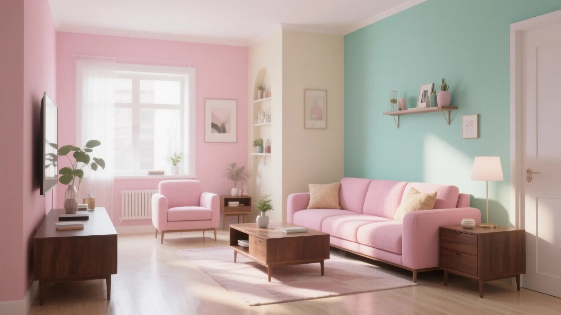 Pastel living room with pink sofa and mint green walls plus wooden coffee table furniture