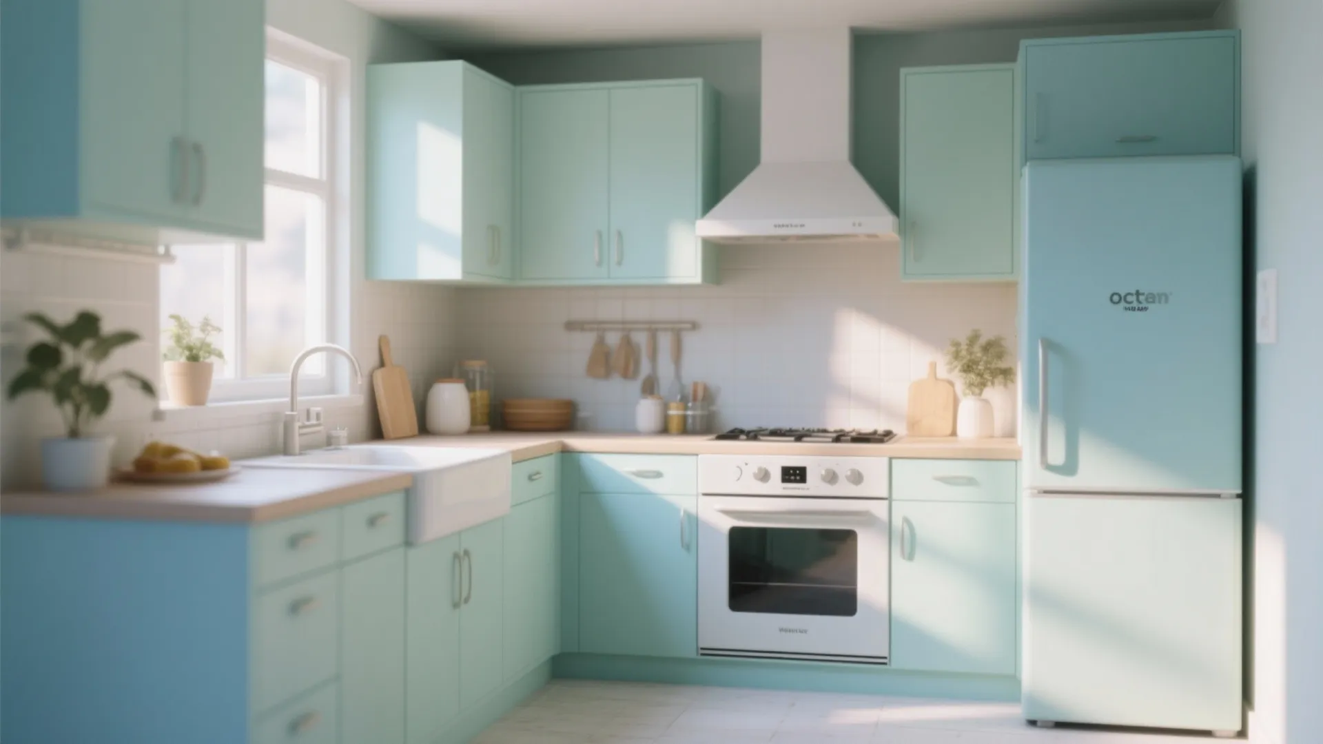 Small kitchen in pale sage and powder blue pastels